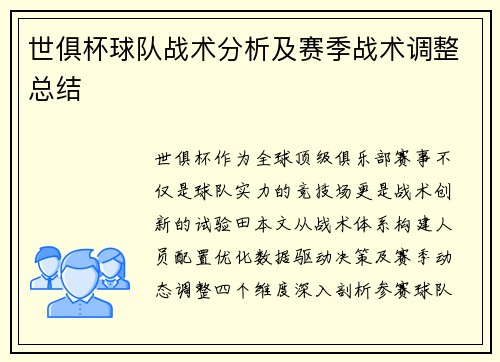 世俱杯球队战术分析及赛季战术调整总结