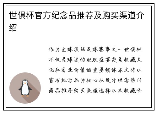 世俱杯官方纪念品推荐及购买渠道介绍