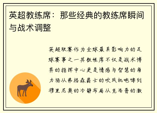 英超教练席：那些经典的教练席瞬间与战术调整