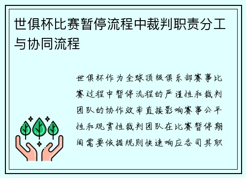 世俱杯比赛暂停流程中裁判职责分工与协同流程